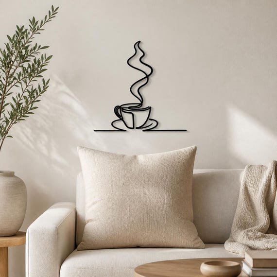 Coffee Cup Continuous Line Wall Art, 12 Inch Minimalist Wall Sculpture, Modern Home Decor, Custom Color