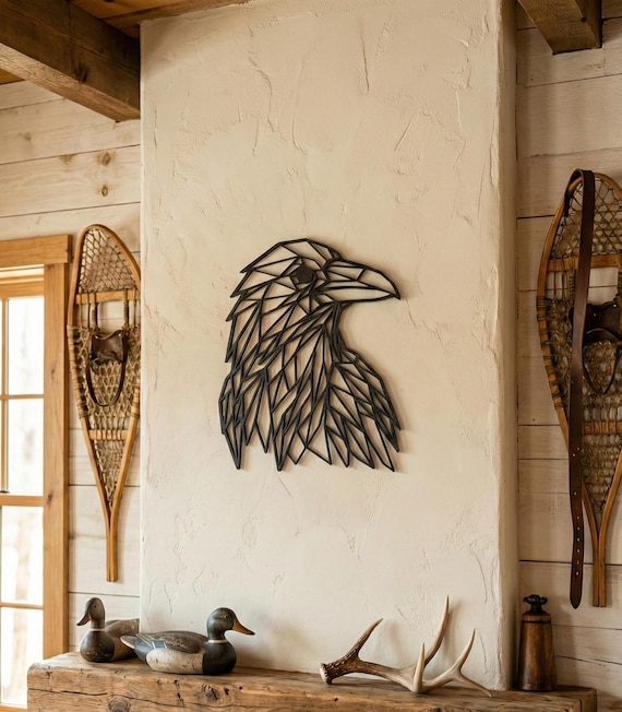 Geometric Raven Wall Art: 1/2" thick relief art, multiple colors, ready to hang, shown in another listing view highlighting visible design details.