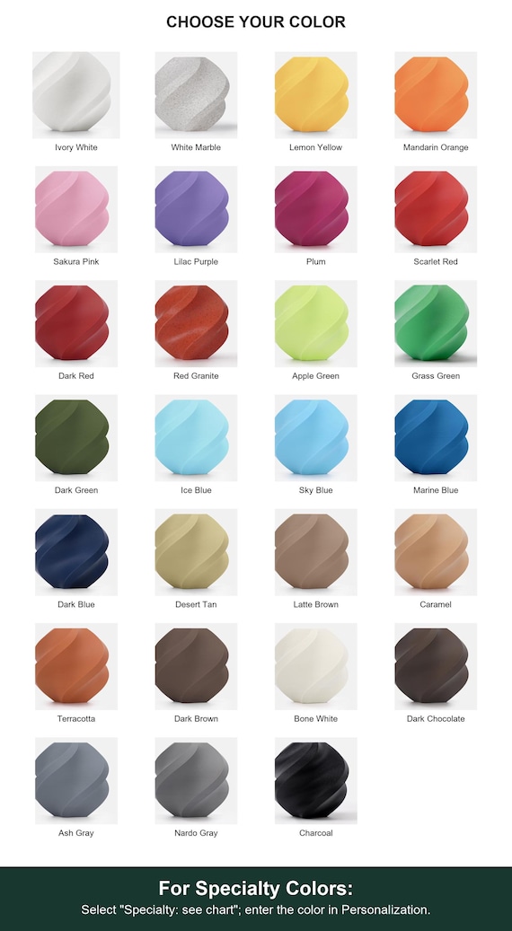 Full labeled color guide with White Marble and Red Granite among 27 color options. For Specialty Colors: Select "Specialty: see chart"; enter the color in Personalization.
