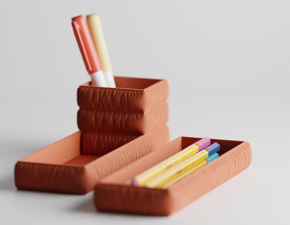 GatherFold Desk Organizer Set, Sculptural Pen Cup and Pencil Tray, Fabric Look Office Storage, 25 Matte Colors