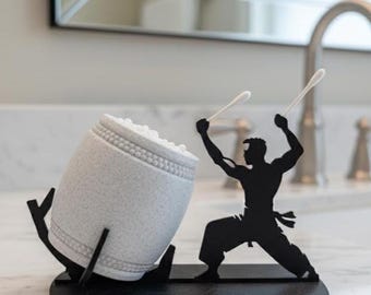 Funny Taiko Drummer Q-Tip Holder: Martial Arts Bathroom Decor