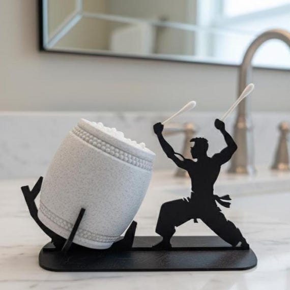 Funny Taiko Drummer Q-Tip Holder: Martial Arts Bathroom Decor