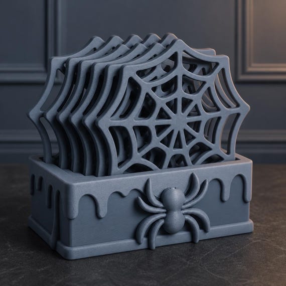 Close-up of the complete Blue Grey WebWarden spider coaster set with all five coasters stored upright