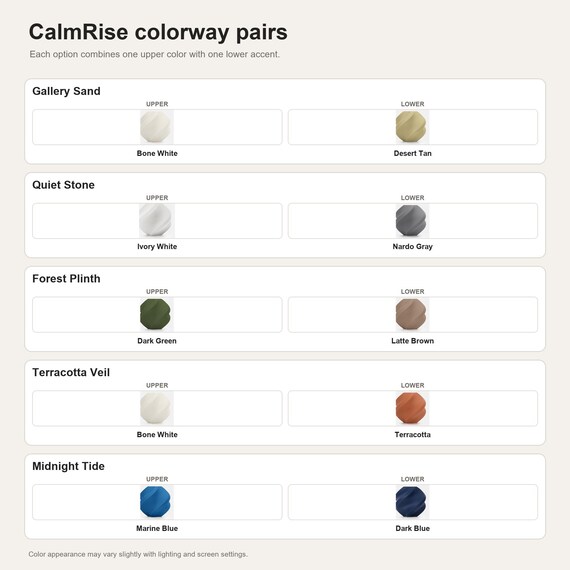 CalmRise colorway pairs showing the exact colors used in each selectable option