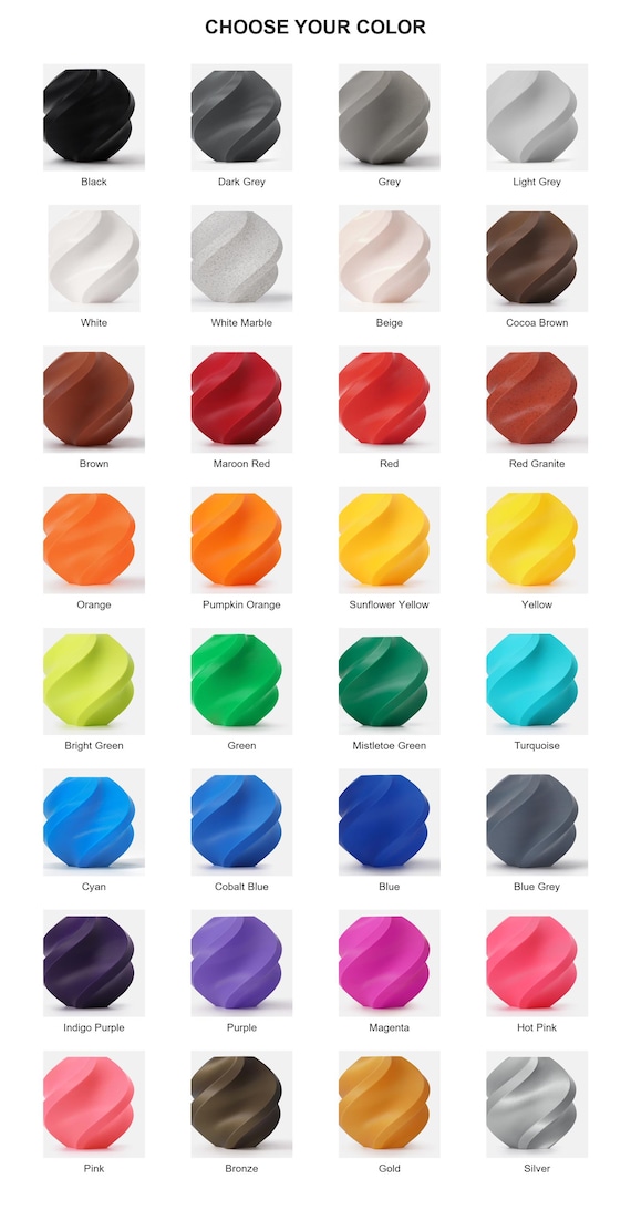 Full labeled color guide with White Marble and Red Granite among 32 color options.