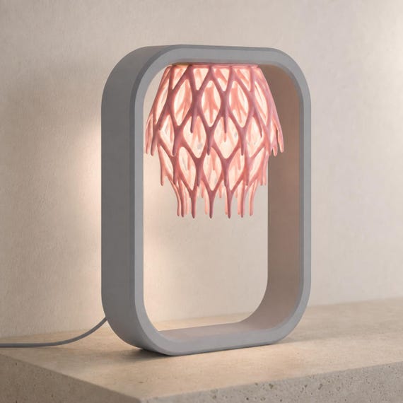 Latticefall USB ambient lamp with Ash Gray frame and Sakura Pink organic shade