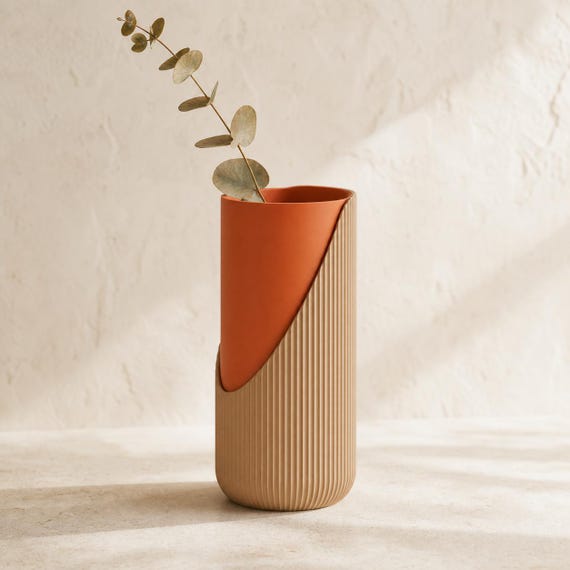 Curveveil Two-Tone Ribbed Vase, Tall Sculptural Flower Holder, Modern Minimalist Home Decor, 6 Matte Colorways