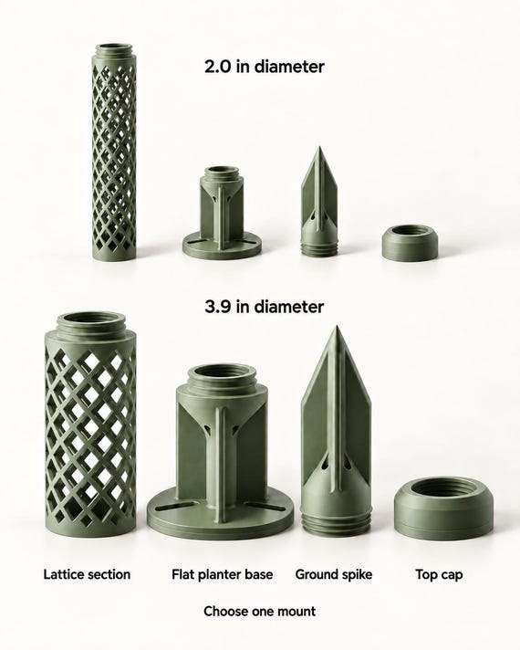 Matte olive green Rootspire components in 2.0 in and 3.9 in diameters on an off-white background, labeled lattice section, flat planter base, ground spike, and top cap; choose one mount.