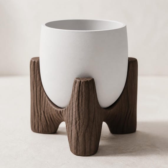 Close-up of the empty smooth planter and its wood-grain three-leg cradle
