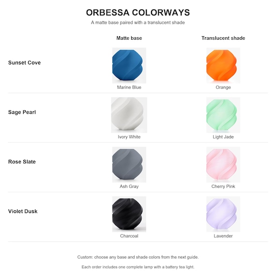 Orbessa colorway chart showing four named matte base and translucent shade color pairs.