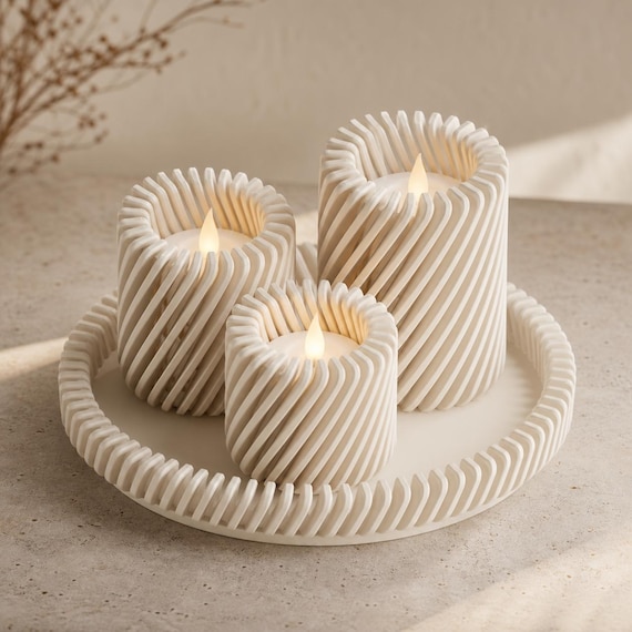 Spiral Serenade LED Tealight Holder Trio with Tray, Graduated Candle Set, Modern Openwork Ambient Light Decor