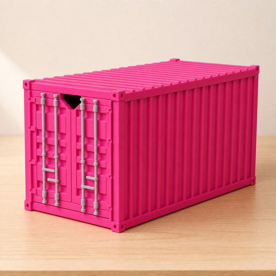 Close three-quarter view of the Hot Pink HarborGrid storage drawer on a pale wood desktop