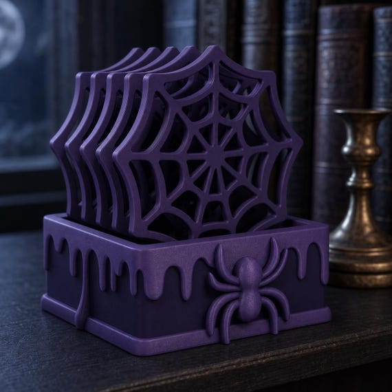Close-up of the complete Indigo Purple WebWarden spiderweb coaster set on a dark library shelf
