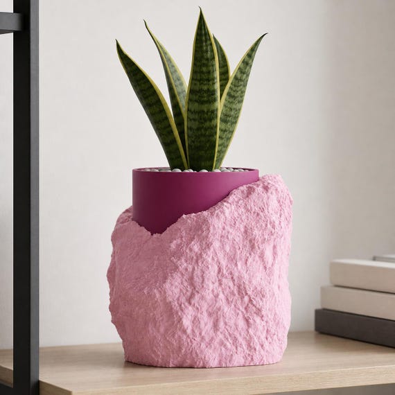 Plum Blossom StoneVeil planter with Sakura Pink rugged surround and Plum inner planter
