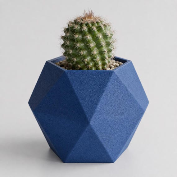 Three-quarter close-up of the Upright Facet planter in Cobalt Blue with a barrel cactus