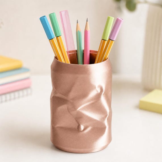 CrinklePop Sculptural Pencil Holder, Crumpled Can Desk Organizer, Pen Cup, Office Storage, Creative Desk Decor, 4 Sizes, 13 Silk Colors