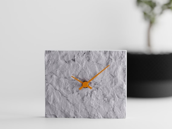 Stonewake Sculptural Table Clock, Chiseled Stone Look Desk Timepiece, Modern Textured Home Decor, 3 Coordinated Colorways