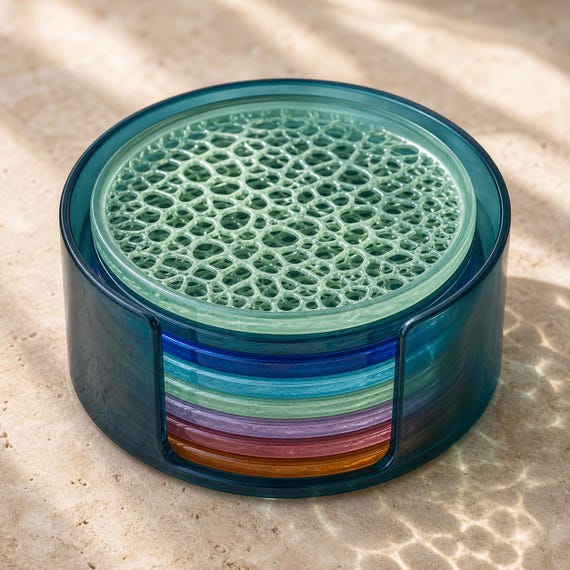 High angle close-up showing the intricate cellular lattice on the top seafoam coaster