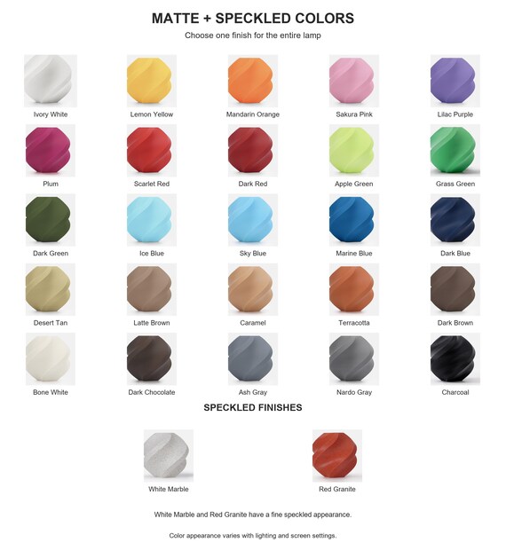 Lunareth finish guide with 25 labeled matte colors and the White Marble and Red Granite speckled options for the entire lamp.