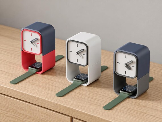 Keephour Watch Stand Clock colorful examples from an angled source view on oak, with watches with green bands as styling accessories.