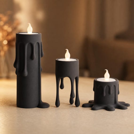 MeltMuse Dripping LED Tealight Holder Set, Sculptural Flameless Candle Decor, Modern Halloween Trio, 25 Matte Colors
