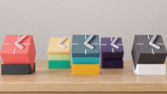 Alternate close-up of Tiltblock Cube Desk Clock examples on light oak, showing their colored faces, hands and body profiles.