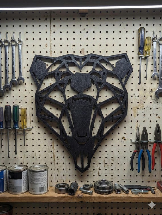 Geometric Bear Head: 1/2" thick relief art, multiple colors, ready to hang, shown in an additional close-up listing view with visible shape and details.
