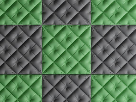 Front close-up of green and charcoal TuftWeave tiles arranged in a checkerboard layout