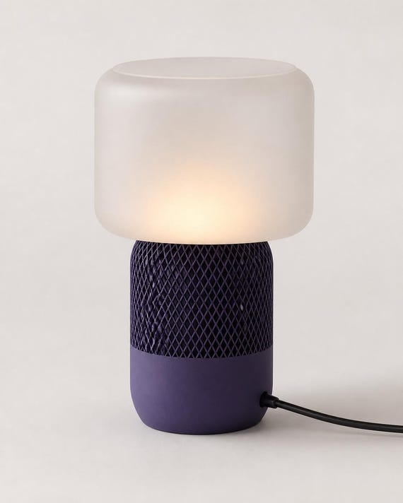 Rear angle of Indigo Mist MeshGlow lamp with Indigo Purple base, Light Grey shade, and USB cable