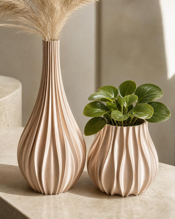 PulsePetal Rippled Vase and Planter Collection, Sculptural Flower Vase, Indoor Plant Pot, 11 Formats, 13 Silk Colors