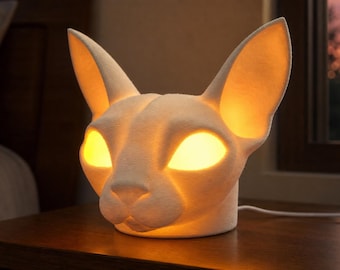 VelvetGaze Sphynx Cat Lamp, Glowing Eye Night Light, Wired USB LED or Flameless Tea Light, 3 Sizes, Standard Colors