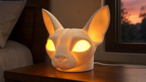 VelvetGaze Sphynx Cat Lamp, Glowing Eye Night Light, Wired USB LED or Flameless Tea Light, 3 Sizes, Standard Colors