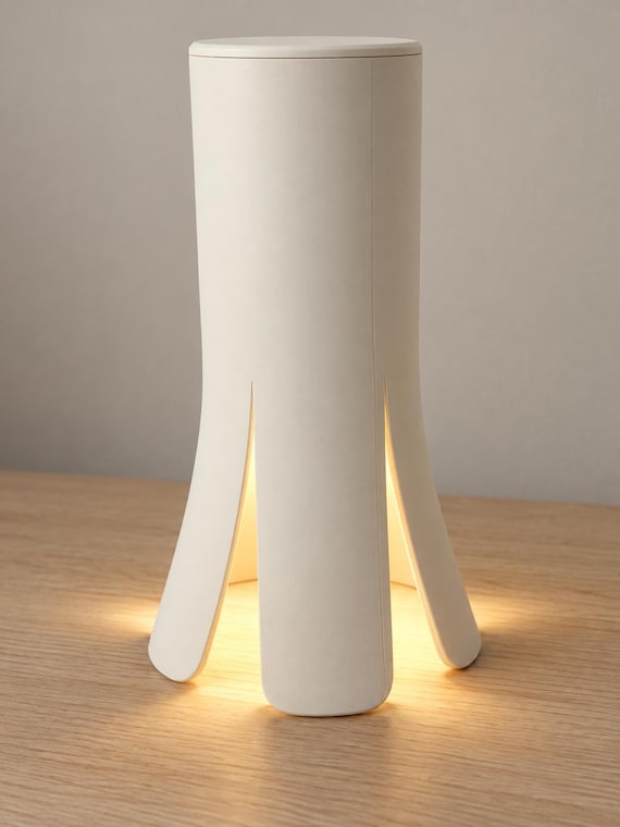 Lunareth lamp in Bone White with a matching flat top and flared lower panels, casting a warm tea-light glow onto a wood tabletop.