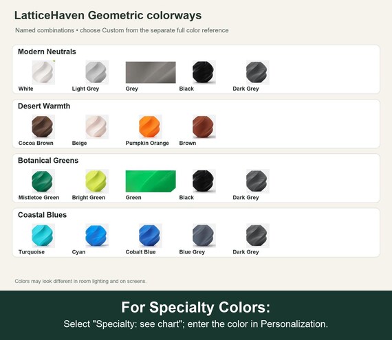Named colorway swatch showing each option. For Specialty Colors: Select "Specialty: see chart"; enter the color in Personalization.
