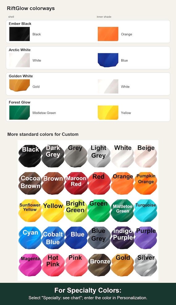 Named colorway swatch showing each option. For Specialty Colors: Select "Specialty: see chart"; enter the color in Personalization.