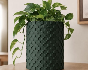 RippleGlyph Sculptural Planter with Drip Tray, Textured Indoor Plant Pot, Optional Wall Mount, 2 Sizes, 25 Matte Colors