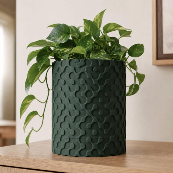RippleGlyph Sculptural Planter with Drip Tray, Textured Indoor Plant Pot, Optional Wall Mount, 2 Sizes, 25 Matte Colors