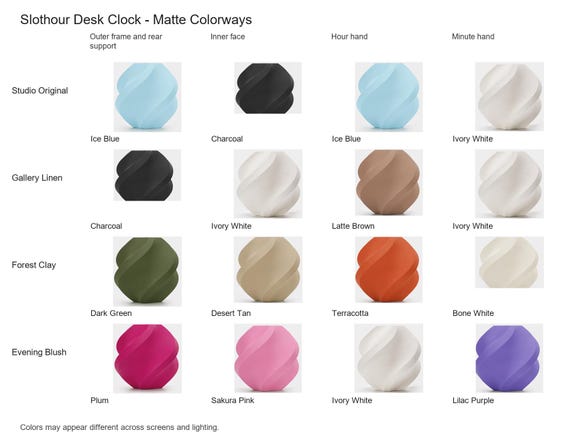 Slothour Desk Clock matte colorway guide showing four named combinations with exact component and color assignments.