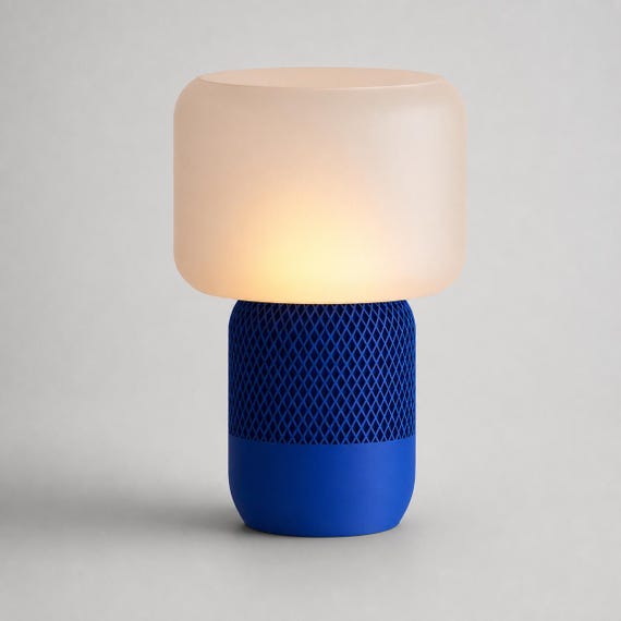 Cobalt Sand MeshGlow desk lamp with Cobalt Blue lattice base and smooth Beige shade
