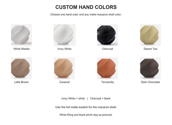 Eight permitted hand colors with exact labeled supplier samples; the macaron shell may use any matte color.