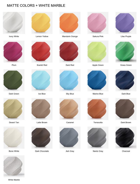Matte color guide with twenty-five labeled colors and White Marble, shown as material samples on a white background.