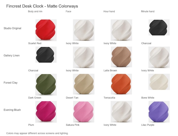 Fincrest Desk Clock matte colorway guide showing four named combinations with exact component and color assignments.