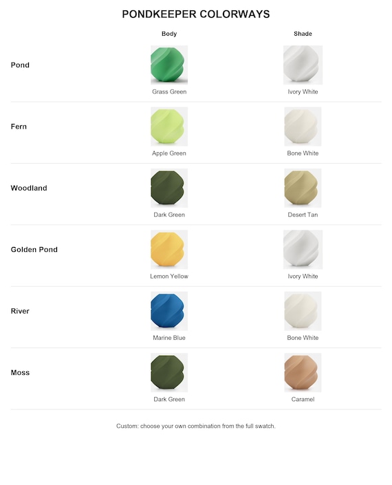 Pondkeeper named colorways with exact labeled supplier color samples for body and shade.