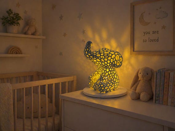 Voronoi Elephant Accent Lamp: Modern Nursery Decor, Whimsical Desk Lamp