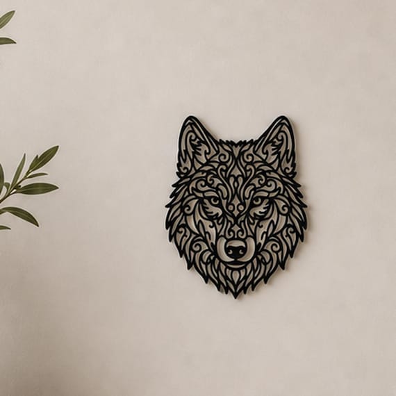 Close-up of Wolf Head filigree wall art in black at accurate 12-inch scale