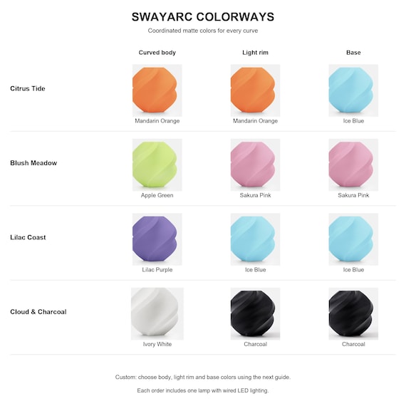 Swayarc colorway chart mapping four named palettes to exact matte body, light rim and base colors.