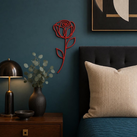 Single Rose wall art in Red in a contrasting showcase room
