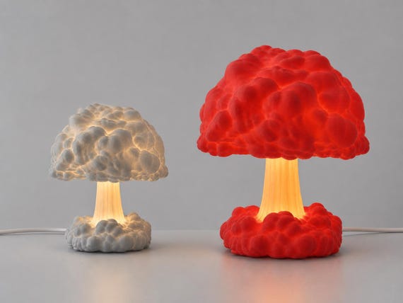 Normal Ash Gray and Large Scarlet Red Atomic Bloom wired USB lamps shown together