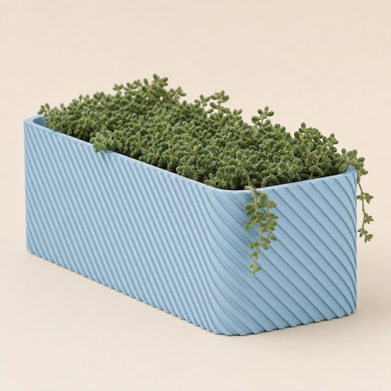 Sky Blue Driftline planter from a rear corner angle with a trailing succulent