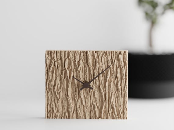 Barkhaven sculptural table clock in Desert Tan with Dark Chocolate hands